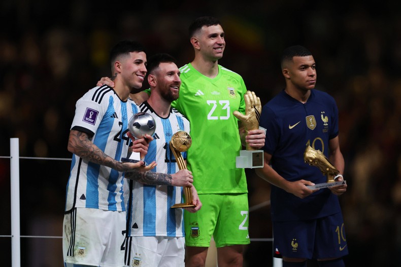 From left: Enzo Fernandez, Lionel Messi, Emiliano Martinez and Kylian Mbappe on December 18, 2022.