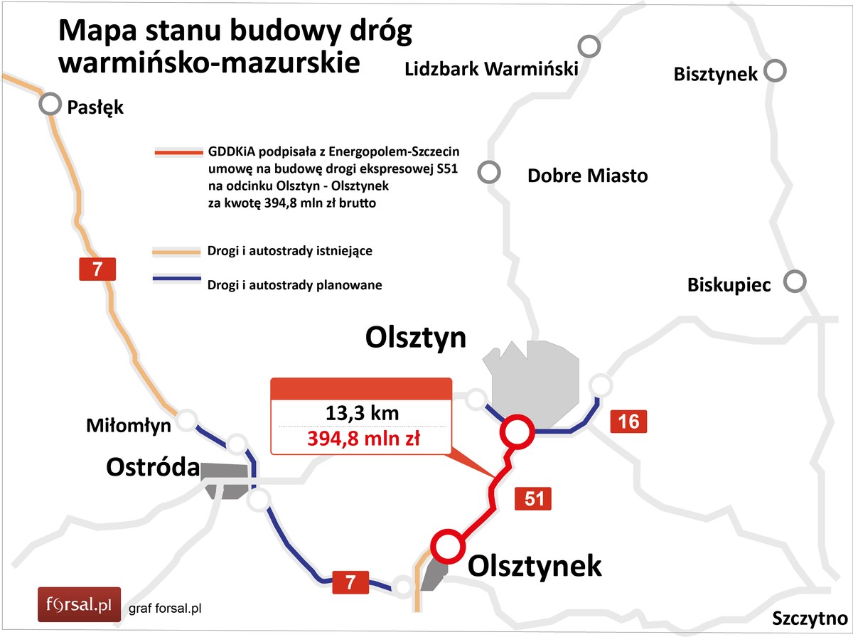GDDKiA: Energopol-Szczecin ma umowę na budowę trasy S51 pod Olsztynem [MAPA]