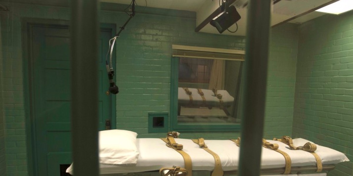 The death chamber as seen from the viewing room at the state penitentiary in Huntsville, Texas.