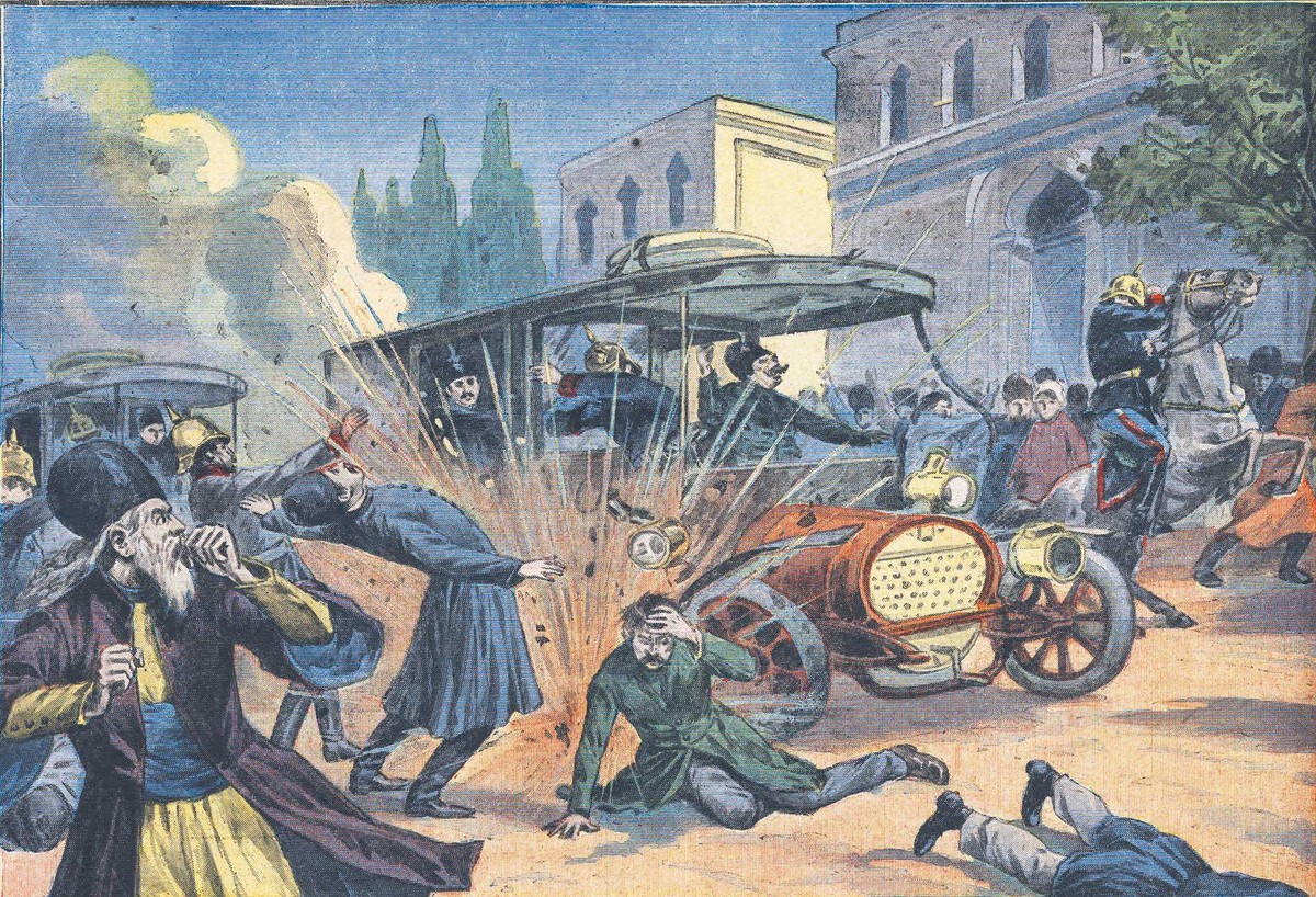 Zamach na Mohammada Alego Shaha Kadżara. Rycina z „Le Petit Parisien” z 1908 r.