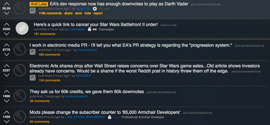 Zrzut ekranu z podstrony Reddita poświęconej grom z serii "Battlefront"