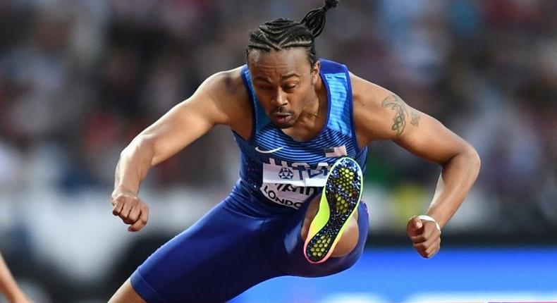 US athlete Aries Merritt competes in the 110m hurdles at the 2017 IAAF World Championships in London