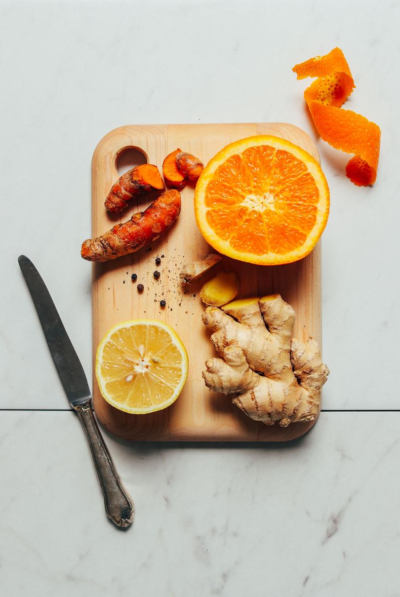 Ginger, turmeric and lemon could help[minimalistbaker]