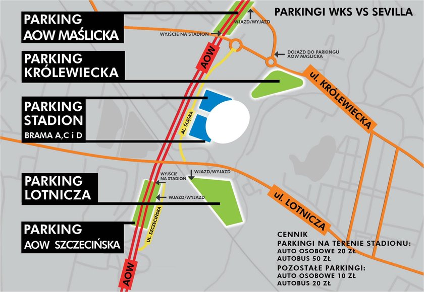 Mapka parkingów koło Stadionu Miejskiego we Wrocławiu