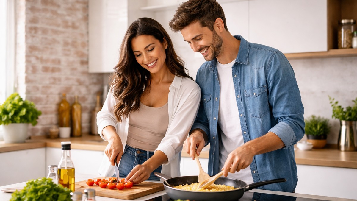 Devojka i momak spremaju hranu