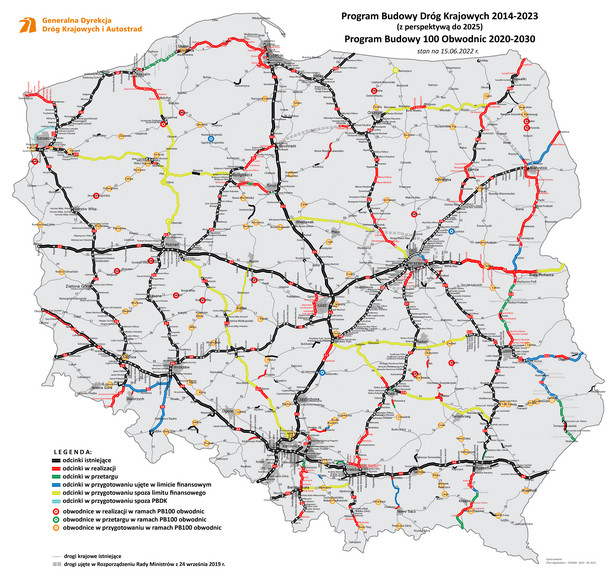 Aktualny stan budowy dróg w Polsce. Źródło: GDDKiA