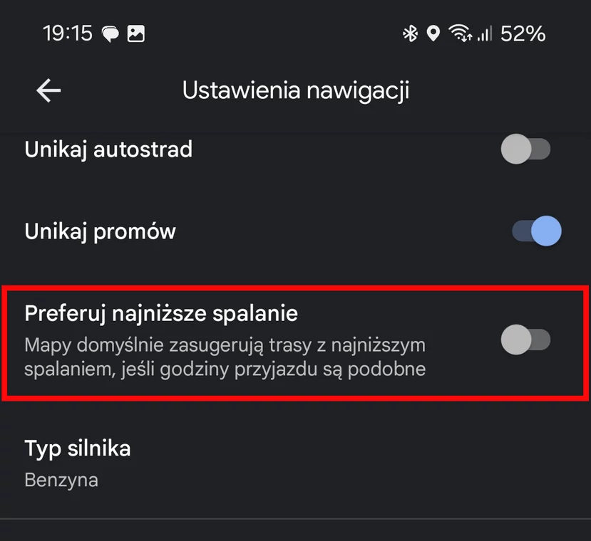 Na szczęście opcję "Preferuj niższe spalanie" można wyłączyć.