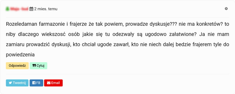 Zrzut ekranu z lokalnego forum, na którym poszkodowane osoby przestrzegają przed Marcinem M.