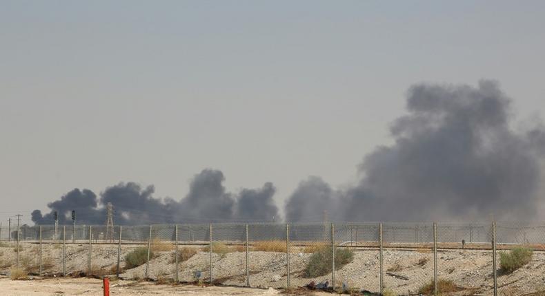 Smoke billows from the Aramco oil facility in Abqaiq on September 14