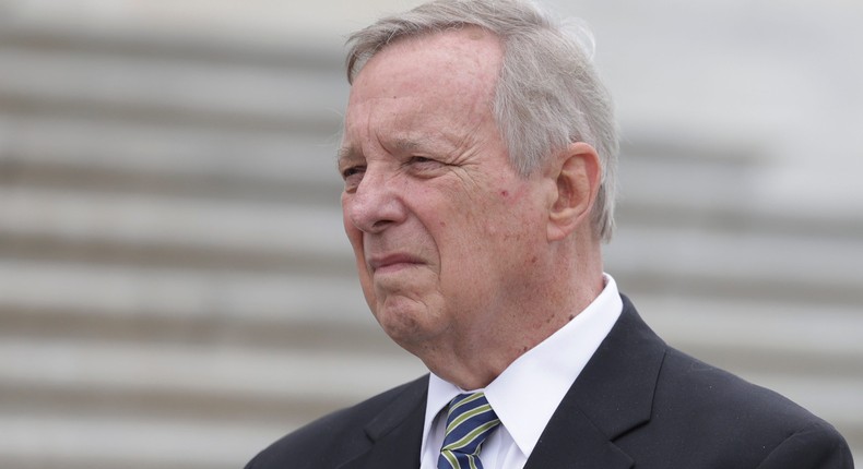 U.S. Senate Majority Whip Sen. Richard Durbin (D-IL) attends a news conference about the leaked Supreme Court draft decision to overturn Roe v. Wade on the steps of the U.S. Capitol on May 3, 2022 in Washington, DC.