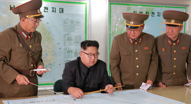 North Korean leader Kim Jong Un visiting the Command of the Strategic Force of the Korean People's Army in an unknown location in North Korea in an undated photo released by North Korea's Korean Central News Agency.