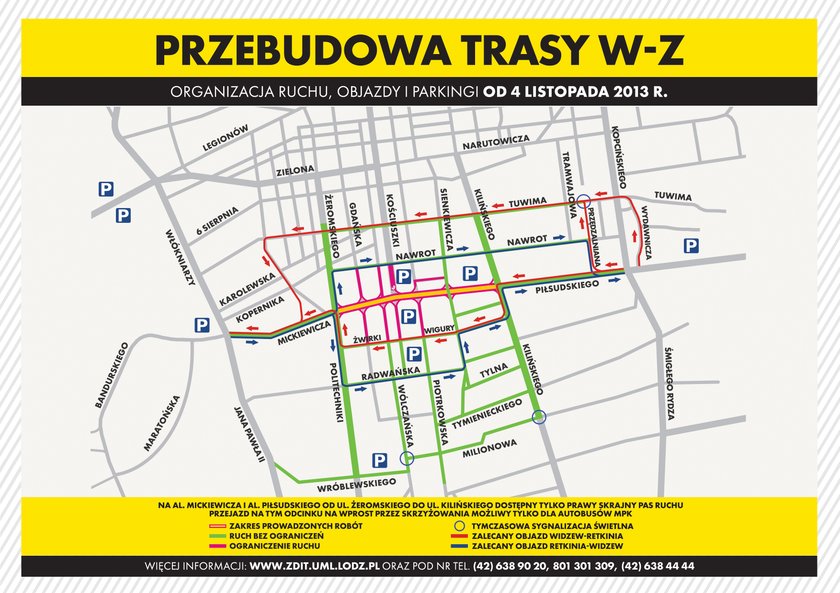 mapka objazdów w Łodzi