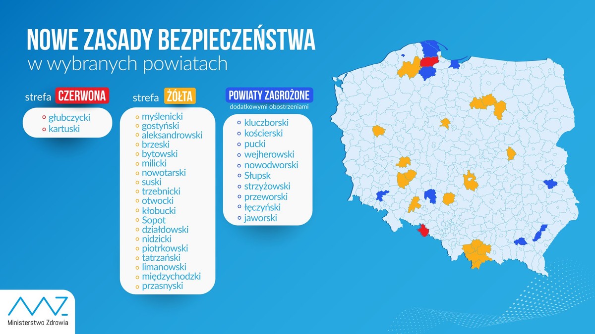 Powiaty według kategorii obostrzeń COVID-19 - nowe zasady bezpieczeństwa (24.09)