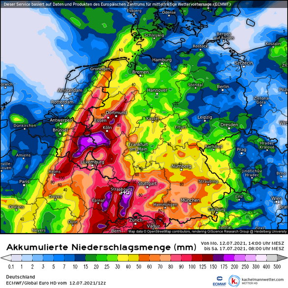 Prognozowana suma opadów w Niemczech (12-17.07)