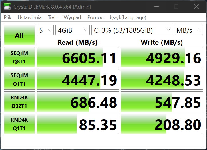 Asus ROG Zephyrus Duo 16 (GX650RX) – CrystalDiskMark 8 – szybkość nośnika SSD