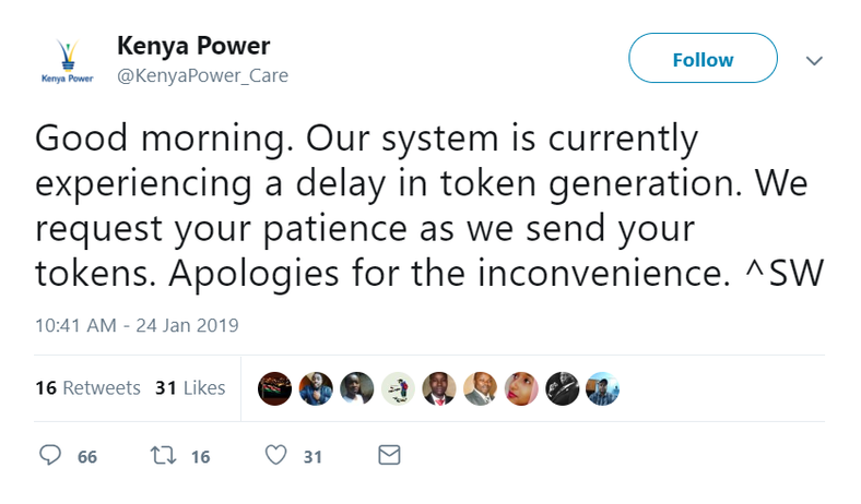 Deleted Kenya Power tweet on token delays (Twitter) 