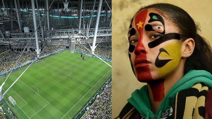 Mecz Kamerunu z Brazylią podczas mundialu w Katarze/Wzór malunku na twarzy w postaci flagi Kamerunu, stylizowany na makijaż Juggalos, autorstwa Robbie Jay Barratt