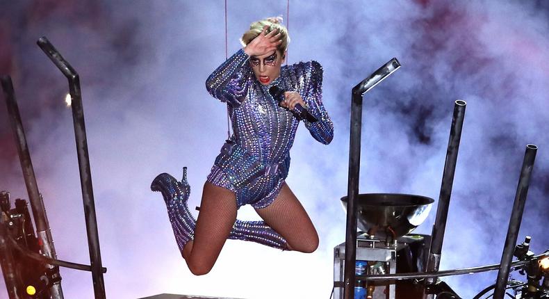 Lady Gaga flew from the sky multiple times during her Super Bowl show.