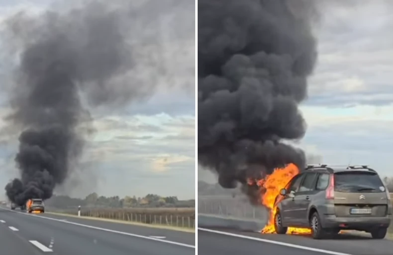 Gori automobil na auto-putu ka Šidu