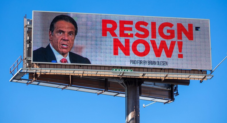 A billboard urging New York Governor Andrew Cuomo to resign is seen near downtown on March 2, 2021 in Albany, New York.
