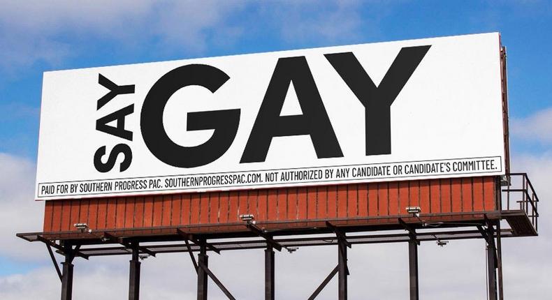 A mock-up is pictured of a SAY GAY billboard that activists are placing in Florida in response to the so-called Don't Say Gay bill.Courtesy of Southern Progress PAC