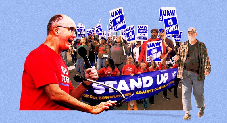 For the first time in its 88-year history, the UAW is on strike at all three of the Detroit companies at once. Bill Pugliano/Getty Images; Matthew Hatcher/AFP via Getty Images; Alyssa Powell/Insider