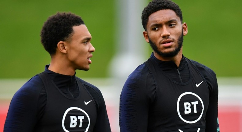 England defenders Trent Alexander-Arnold (left) and Joe Gomez attend a training session