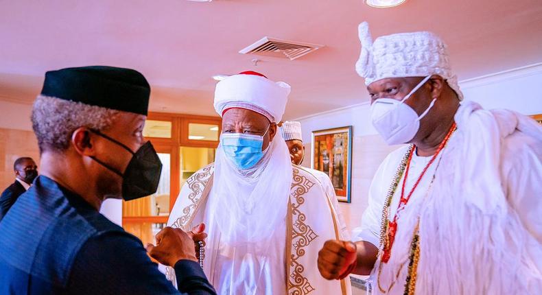 Vice President Yemi Osinbajo, Ooni of Ife, Oba Enitan Ogunwusi and Sultan of Sokoto Sa'ad Abubakar III. 