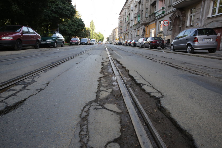 Dziury przy torowisku na ul. Nowowiejskiej we Wrocławiu