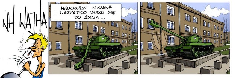 Obraz nawiązuje do czołgu, który stoi na osiedlu Górali