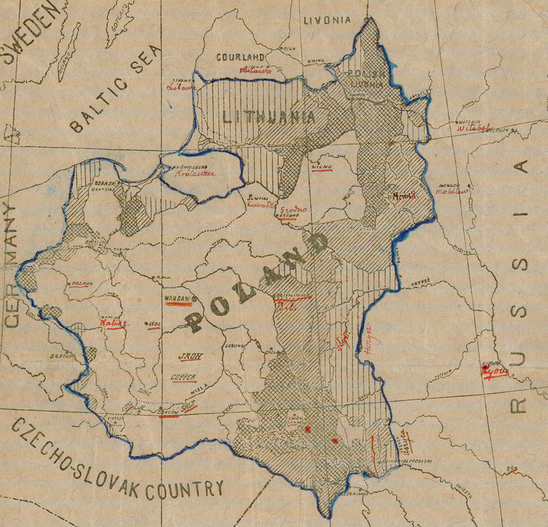 Proponowane granice Polski. Mapa nieznanego autorstwa z 1919 r.