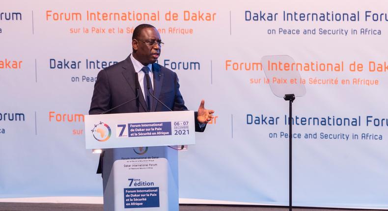 Le président Macky Sall lors de la 7e édition du Forum de la Paix et de la Sécurité en Afrique à Dakar le 6 décembre 2021