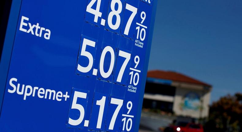 A sign showing gas prices at a station in San Diego, California, on November 9, 2021.