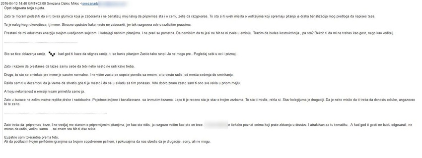 Mejl koji je Snežana Dakić slala Jeleni Tinskoj