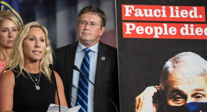 Rep. Marjorie Taylor Greene (R-GA) holds a press conference to call for the dismissal of Dr. Anthony Fauci on Capitol Hill in Washington, DC, on June 15, 2021.
