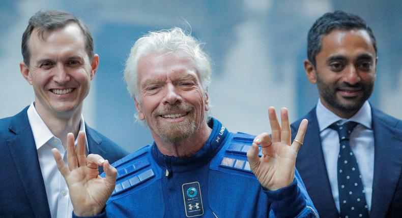 Virgin Galactic cofounder Richard Branson, CEO George Whitesides, and Social Capital CEO Chamath Palihapitiya outside the New York Stock Exchange before Virgin Galactic's trading debut on October 28, 2019.