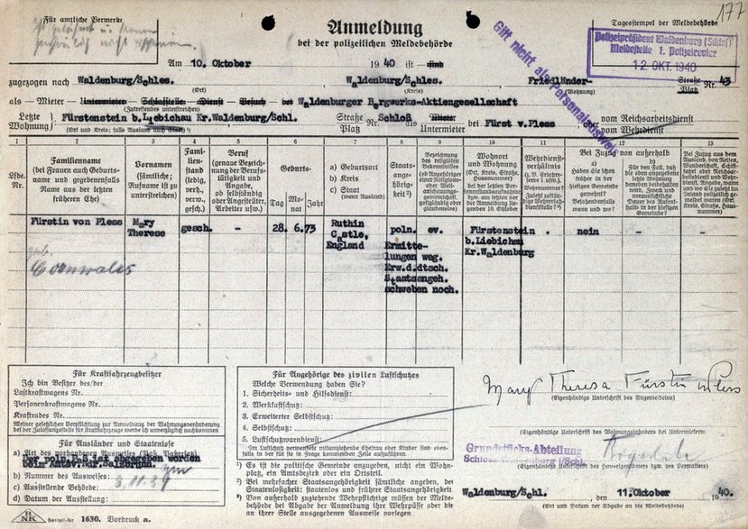 Wymeldowanie z Książa -1940 rok - w rubryce narodowość polska · fot. Fundacja Księżnej Daisy von Pless