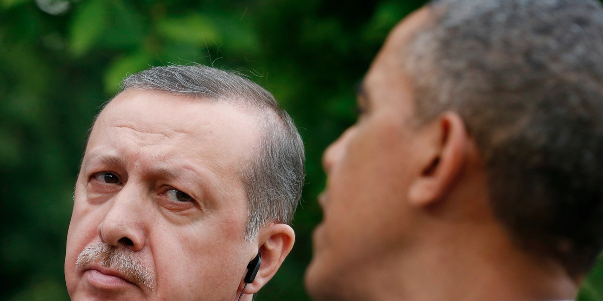 Turkish Prime Minister Recep Tayyip Erdogan and US President Barack Obama in the White House Rose Garden in Washington, DC, on May 16, 2013.