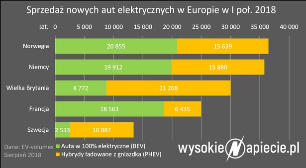 Sprzedaż nowych aut elektrycznych w Europie w I połowie 2018 roku