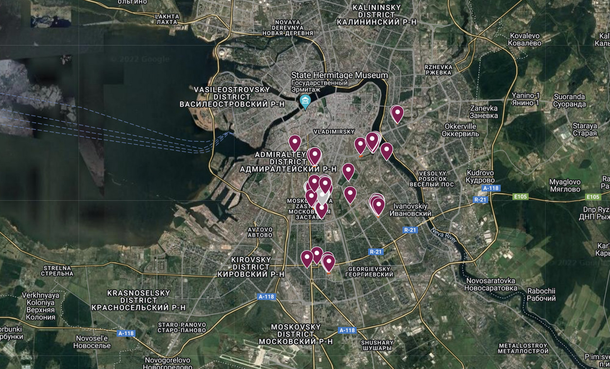 Mapa centrum St. Petersburga z zaznaczoną częścią nieruchomości należących do rodziny Turczaków