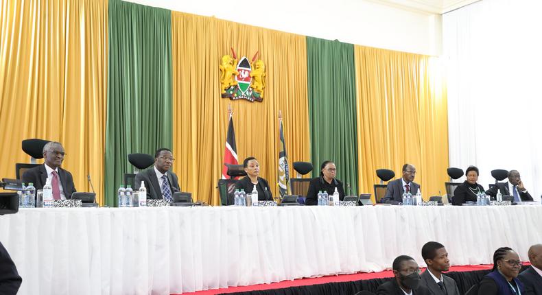 Supreme Court judges (From L-R): Isaac Lenaola, Smokin Wanjala, Philomena Mwilu (DCJ), Martha Koome (Chief Justice), Mohamed Ibrahim, Njoki Ndung’u and William Ouko during the pre-trial conference on August 30, 2022. Image courtesy of: Zakheem Rajan