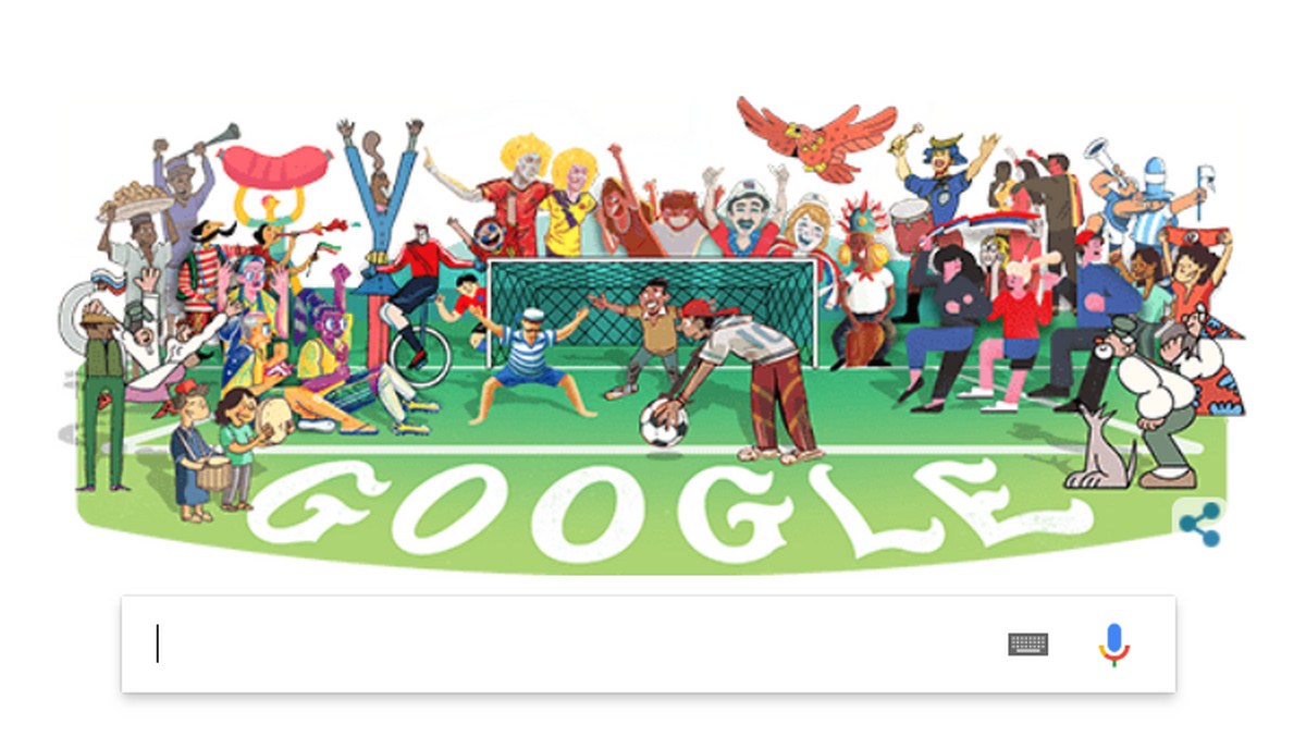 Dziś rozpoczynają się piłkarskie Mistrzostwa Świata, których gospodarzem jest Rosja, co można zobaczyć także w Google Doodle. Na obrazku widać kibiców i piłkarzy, a po kliknięciu przechodzimy do specjalnej strony opisującej mundial.