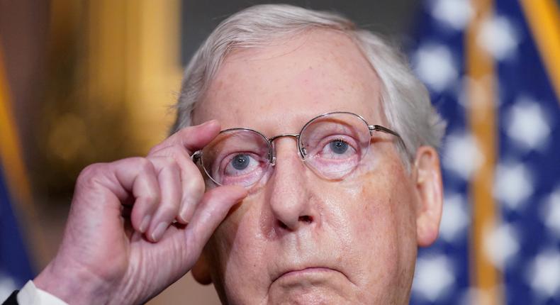 Senate Majority Leader Mitch McConnell speaks to reporters as Senate Republican leaders hold a news conference on Capitol Hill in Washington, December 1, 2020.