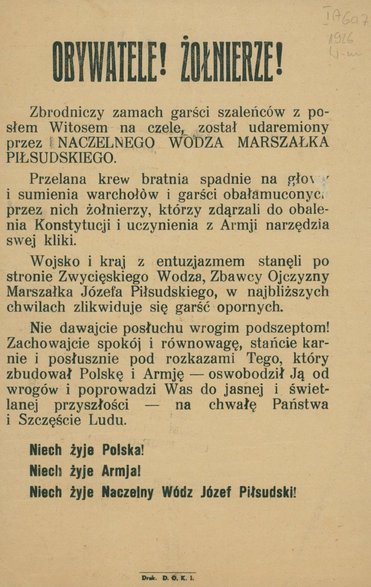 Druk ulotny, w którym piłsudczycy rozprowadzali fałszywą informację o rzekomym zbrodniczym zamachu dokonanym przez Witosa