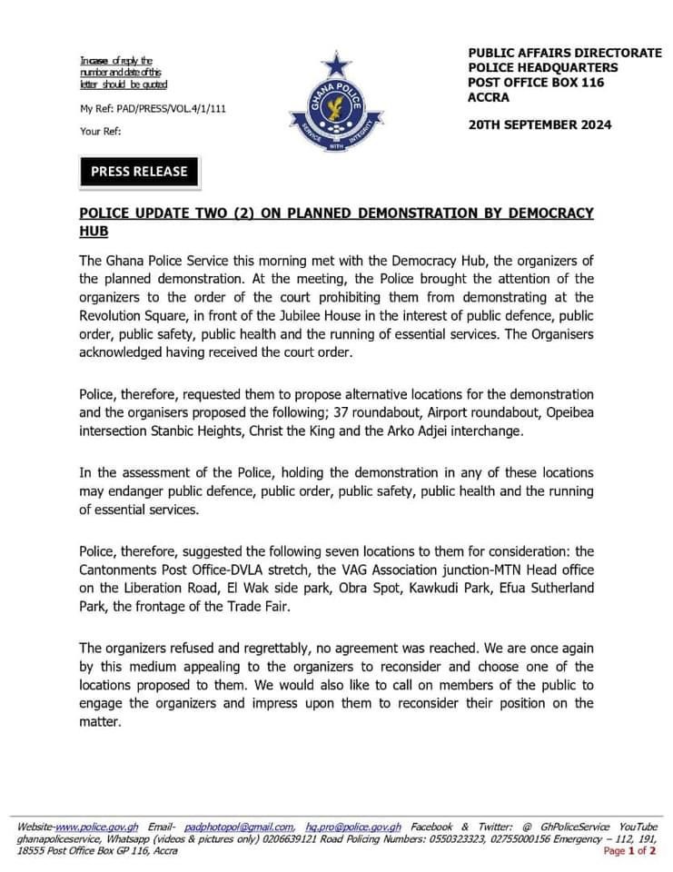 Ghana Police provide update on Democracy Hun demo