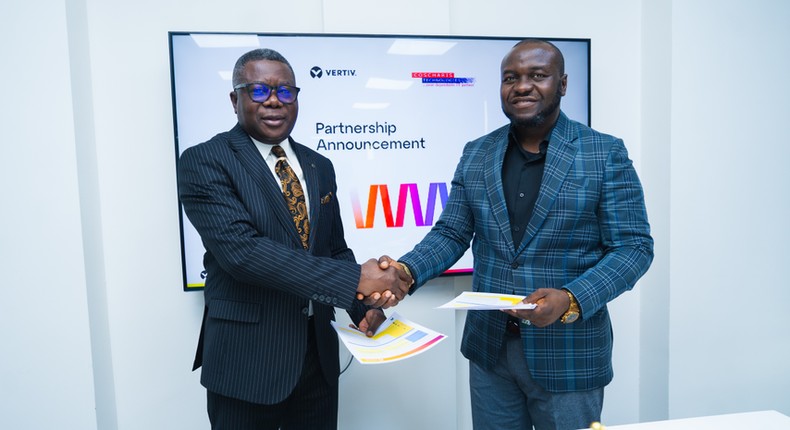  From left: Dr. Sunday Mukoro, Managing Director of Coscharis Technologies Limited and Mr. Olugbenga Adewale, Enterprise Sales Director for Central Africa at Vertiv, at an event to sign a new new distribution partnership between Vertiv and Coscharis Technologies in Lagos.