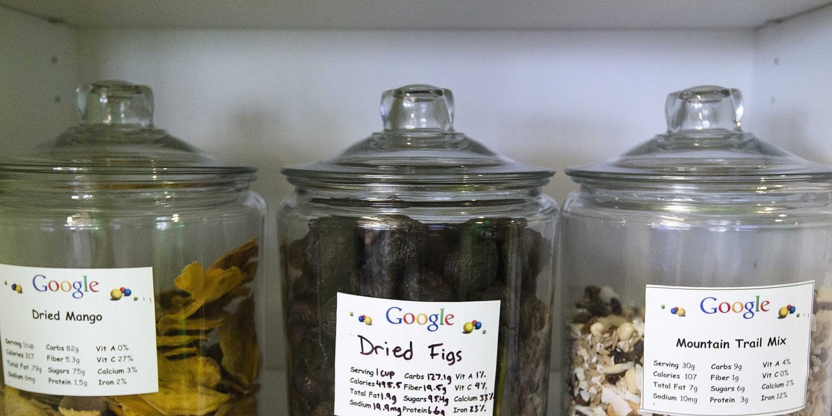 Snacks on display at Google's Toronto office.