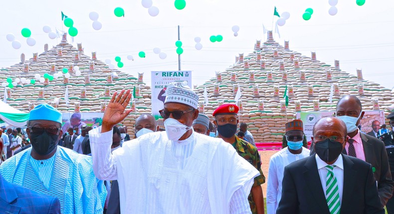 President Muhammadu Buhari at the launching of the 1 million bags of rice pyramid in Abuja. [Presidency]