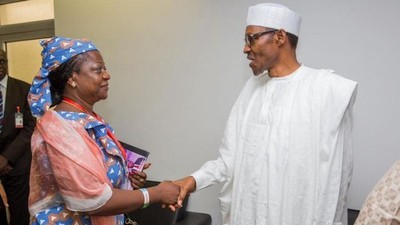 Lauretta Onochie (left) with President Muhammadu Buhari (right) [Facebook/Laurestar1]