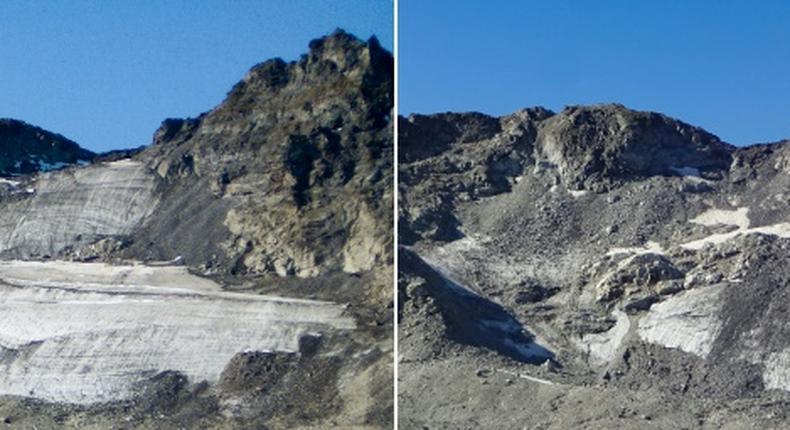 Images of the Pizol glacier taken in 2006 (L) and 2019 (R) show how much ice has been lost